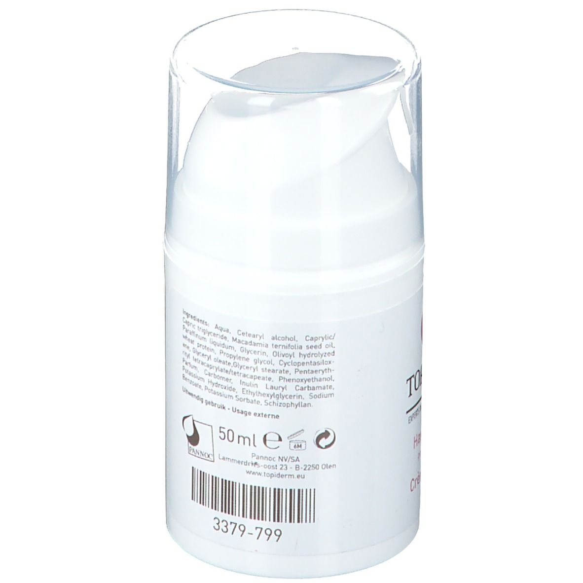 Dos du flacon de crème pour les mains blanc. Texte : Ingrédients, 50 ml, code-barres, logo, adresse.