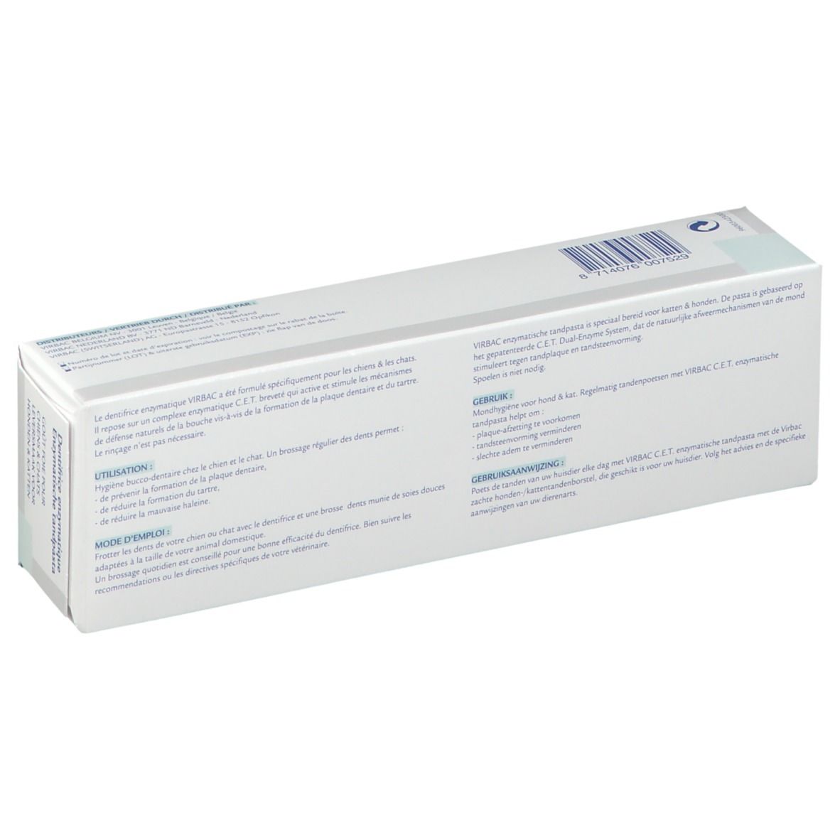 Dos de la boîte de dentifrice. Texte en plusieurs langues. Contient des informations sur le produit.