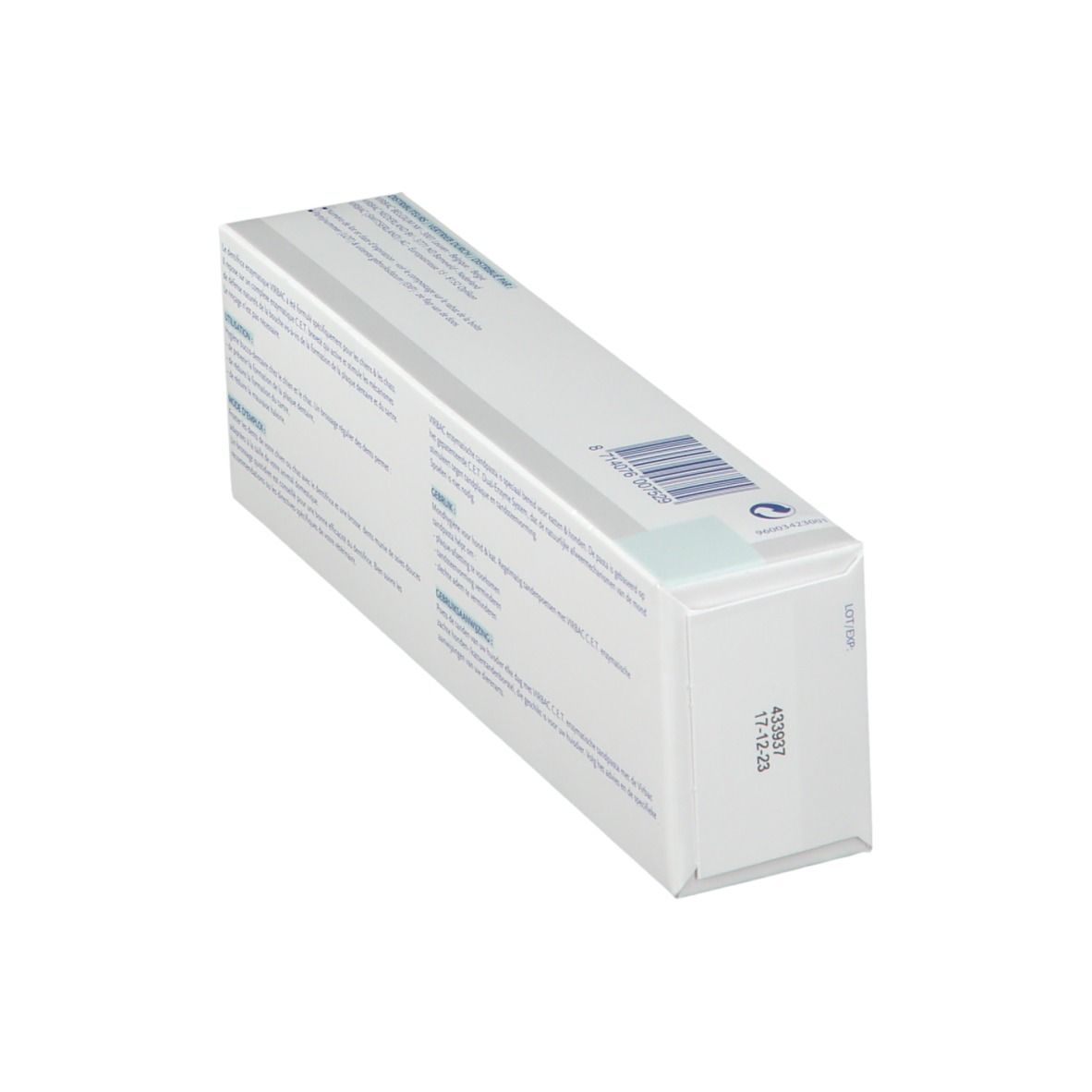 Boîte de dentifrice en biais. Arrière de la boîte avec texte et code-barres.