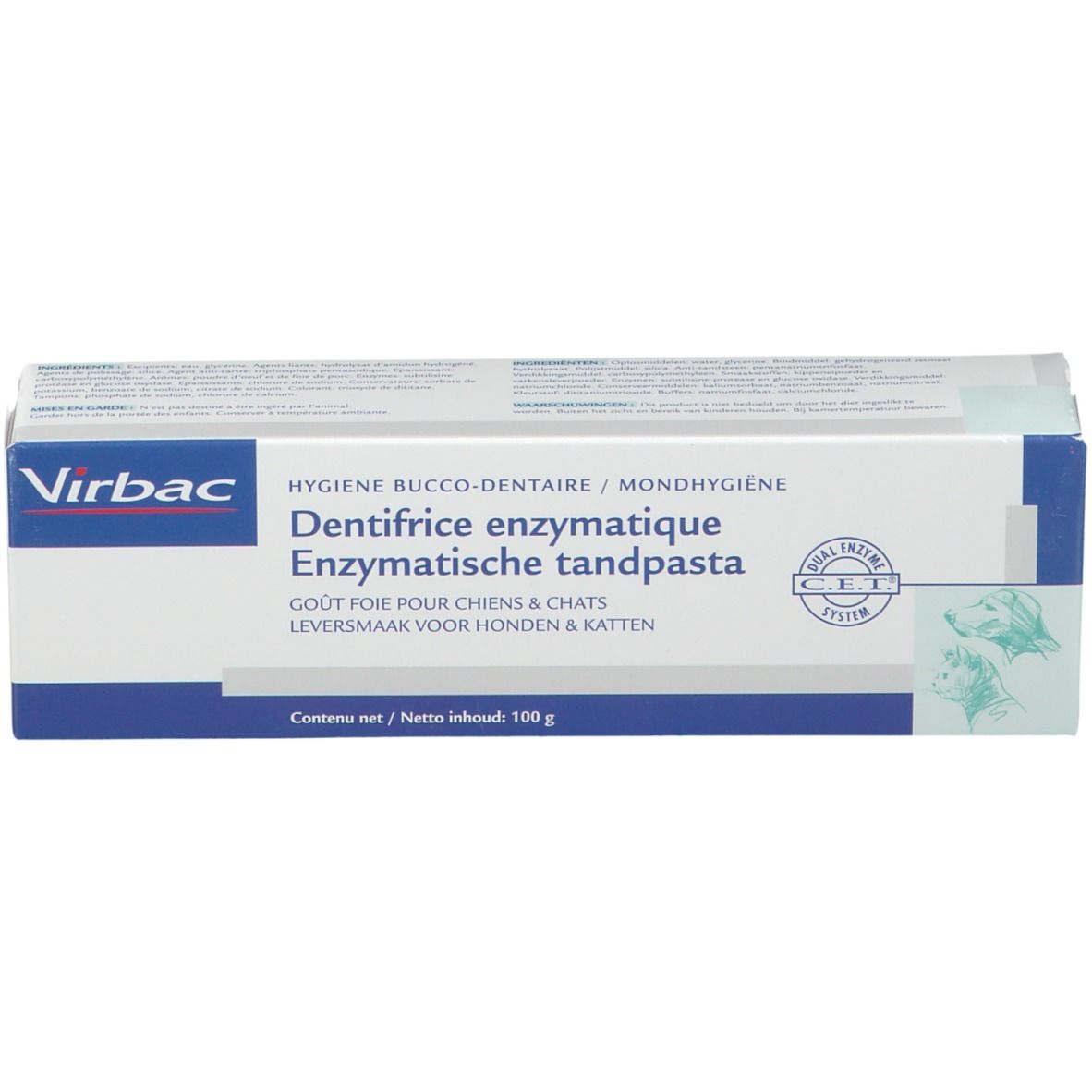 Boîte de dentifrice. Boîte blanche et bleue avec nom et logo du produit. Contient 100g.