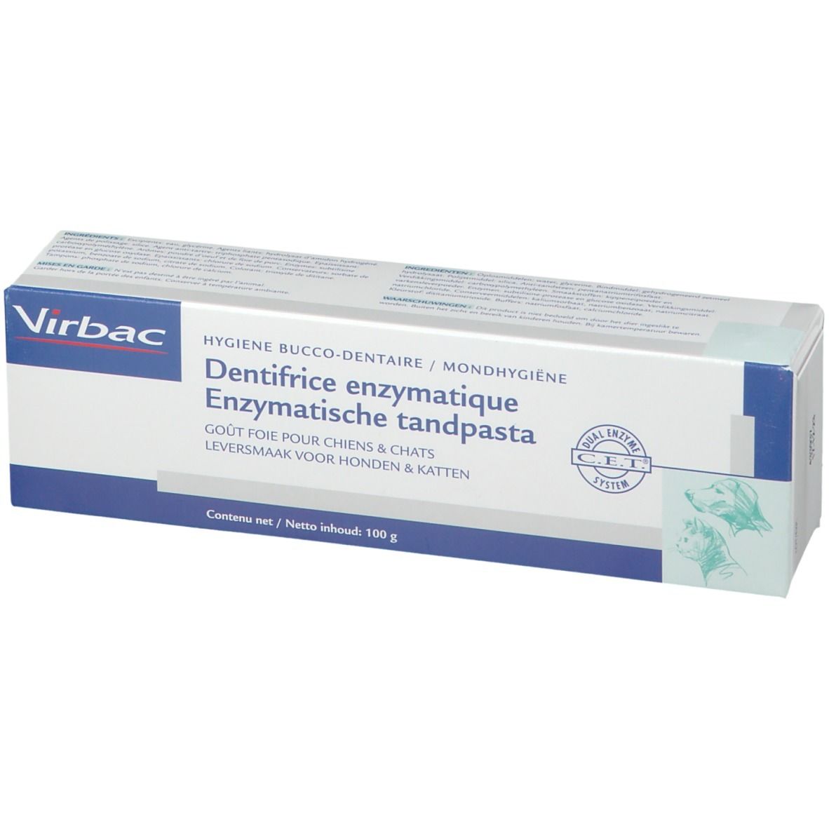 Boîte de dentifrice. Boîte blanche et bleue avec nom et logo du produit. Contient 100g.