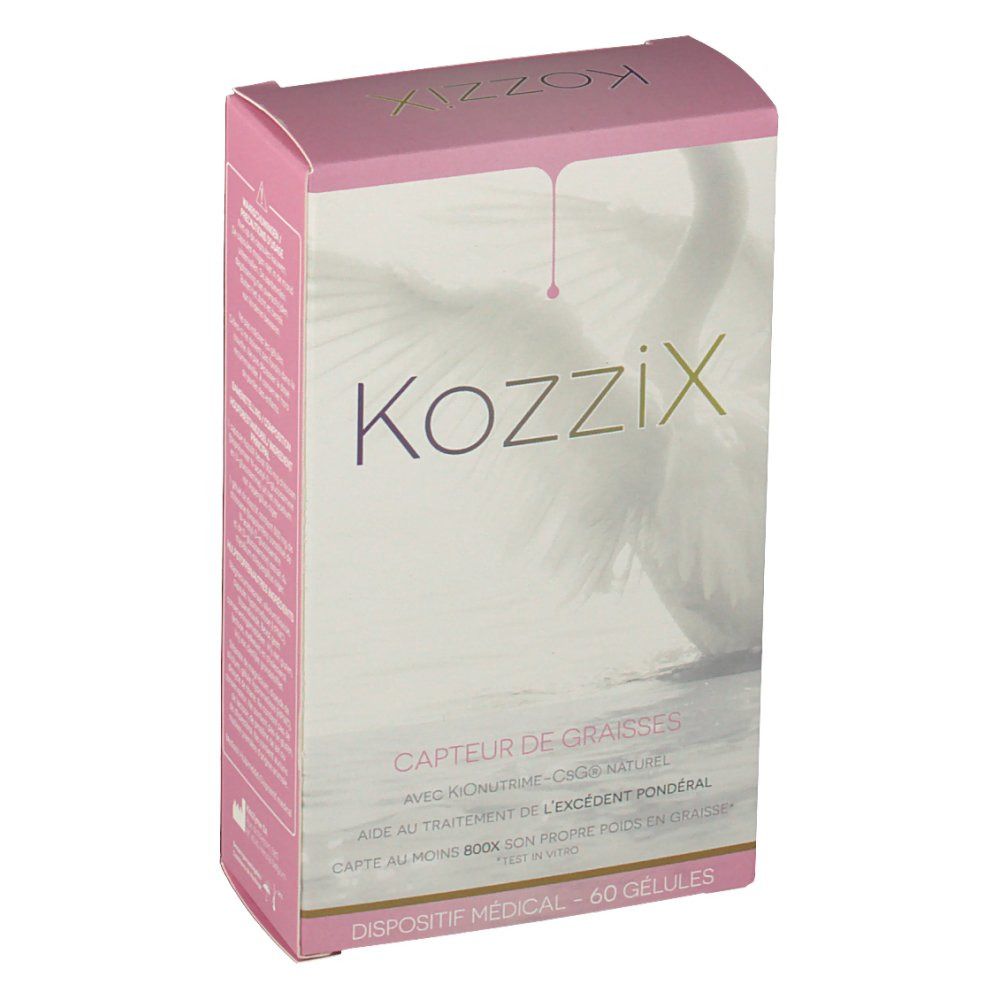 Boîte Kozzix, rose et blanche. Inscriptions: "Kozzix", "Capteur de graisses", "60 gélules".