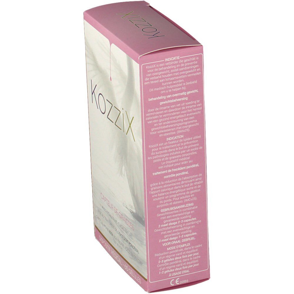 Boîte Kozzix, rose et blanche. Texte sur le côté. Inscription: "Kozzix".