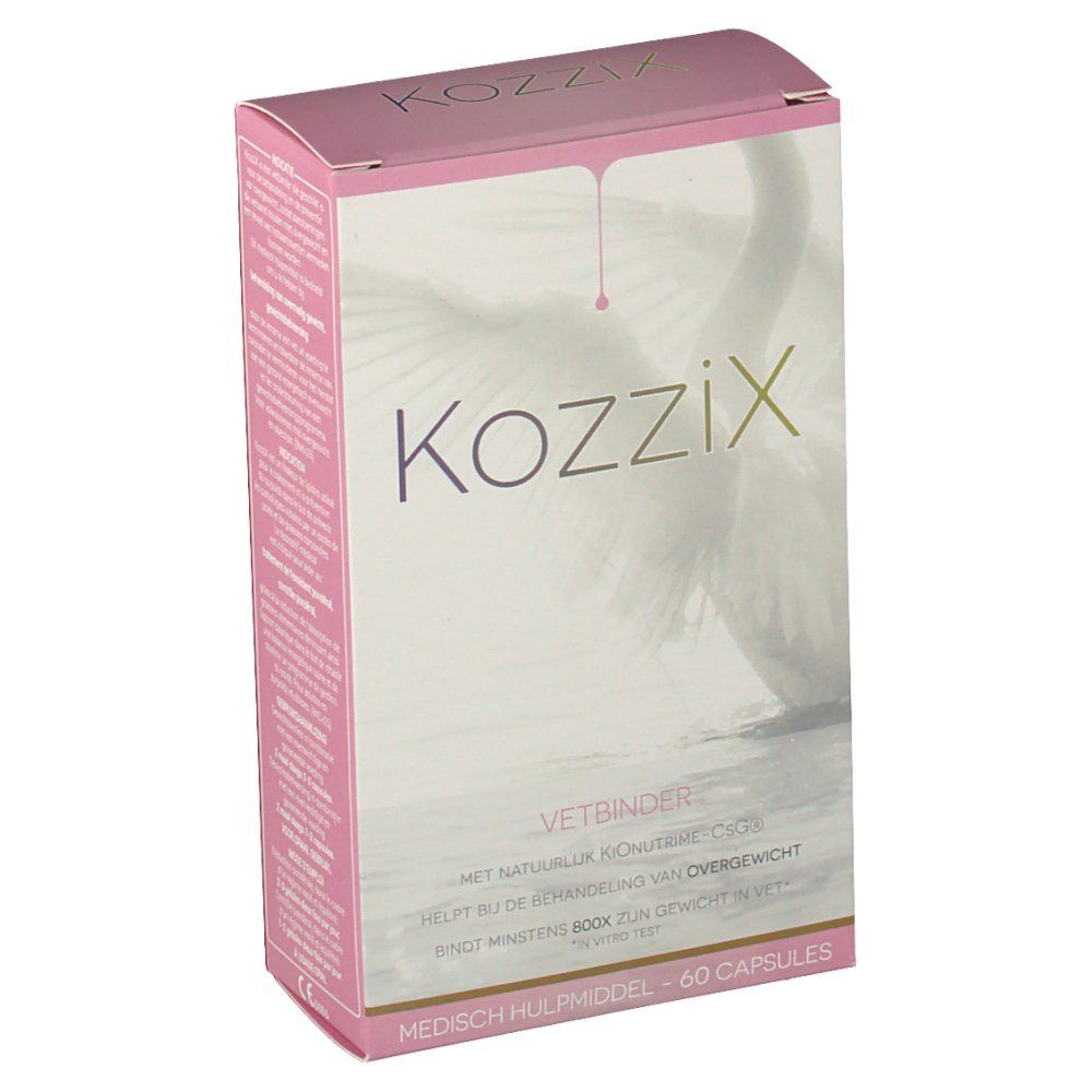 Boîte Kozzix, rose et blanche. Inscriptions: "Kozzix", "Vetbinder", "60 capsules".