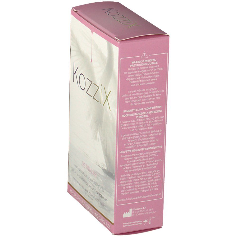 Boîte Kozzix, rose et blanche. Texte sur le côté. Inscription: "Kozzix".