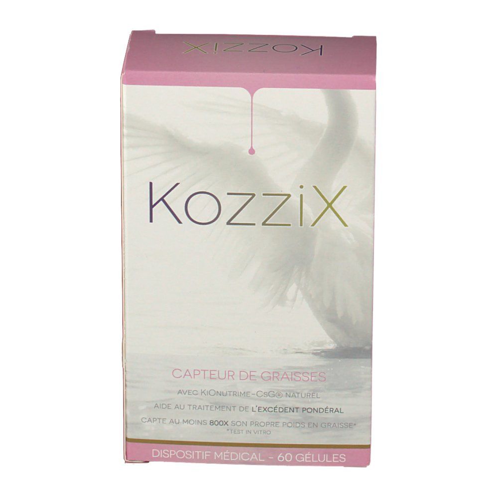 Boîte Kozzix, rose et blanche. Inscriptions: "Kozzix", "Capteur de graisses", "60 gélules".