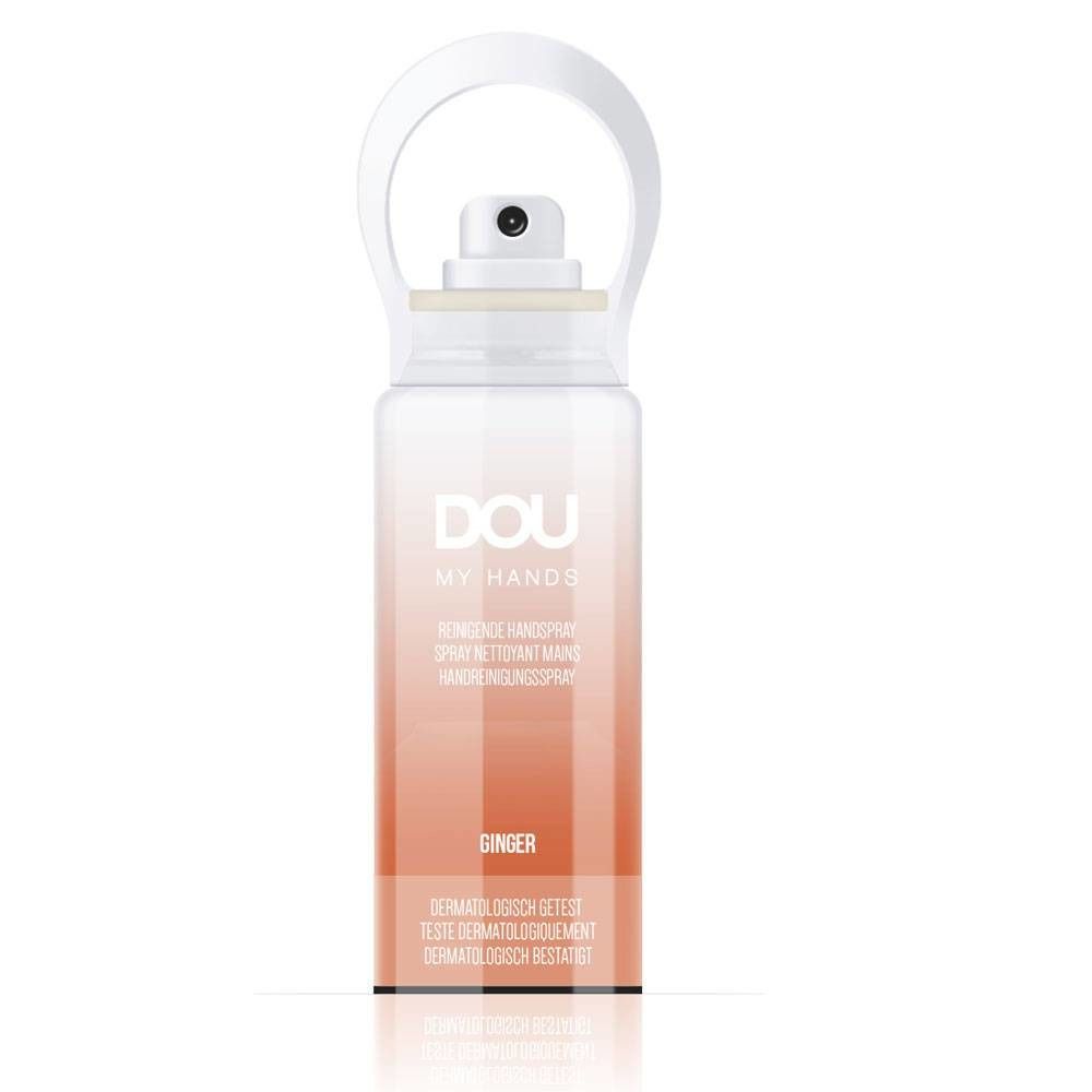 Handreinigingsspray met witte sproeikop en handvat. Opschrift: DOU MY HANDS, Ginger. Dermatologisch getest.