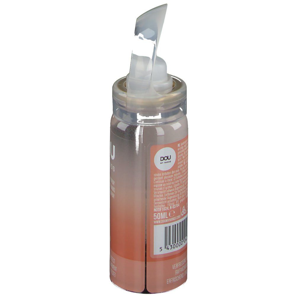 Handreinigingsspray, transparante fles met sproeikop. Opschrift: DOU MY HANDS, 50ml. Barcode.