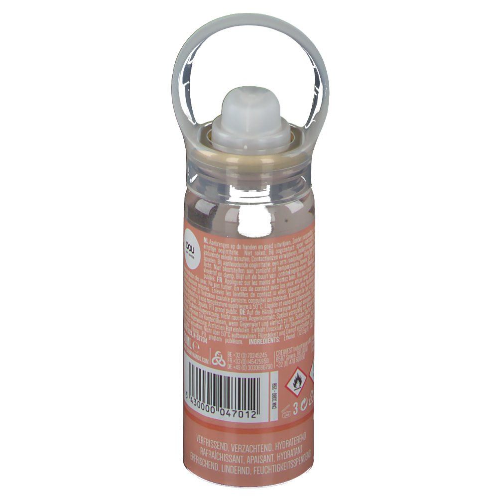 Handreinigingsspray, transparante fles met sproeikop en handvat. Opschrift: DOU MY HANDS. Barcode.