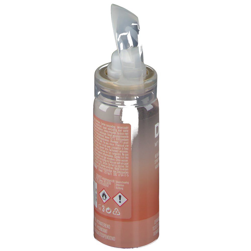 Handreinigingsspray, transparante fles met sproeikop. Opschrift: DOU MY HANDS. Waarschuwingen.