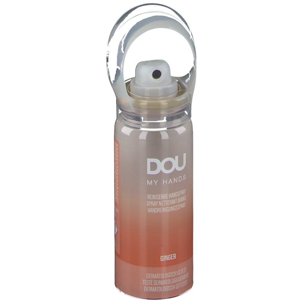 Handreinigingsspray met witte sproeikop en handvat. Opschrift: DOU MY HANDS, Ginger. Dermatologisch getest.