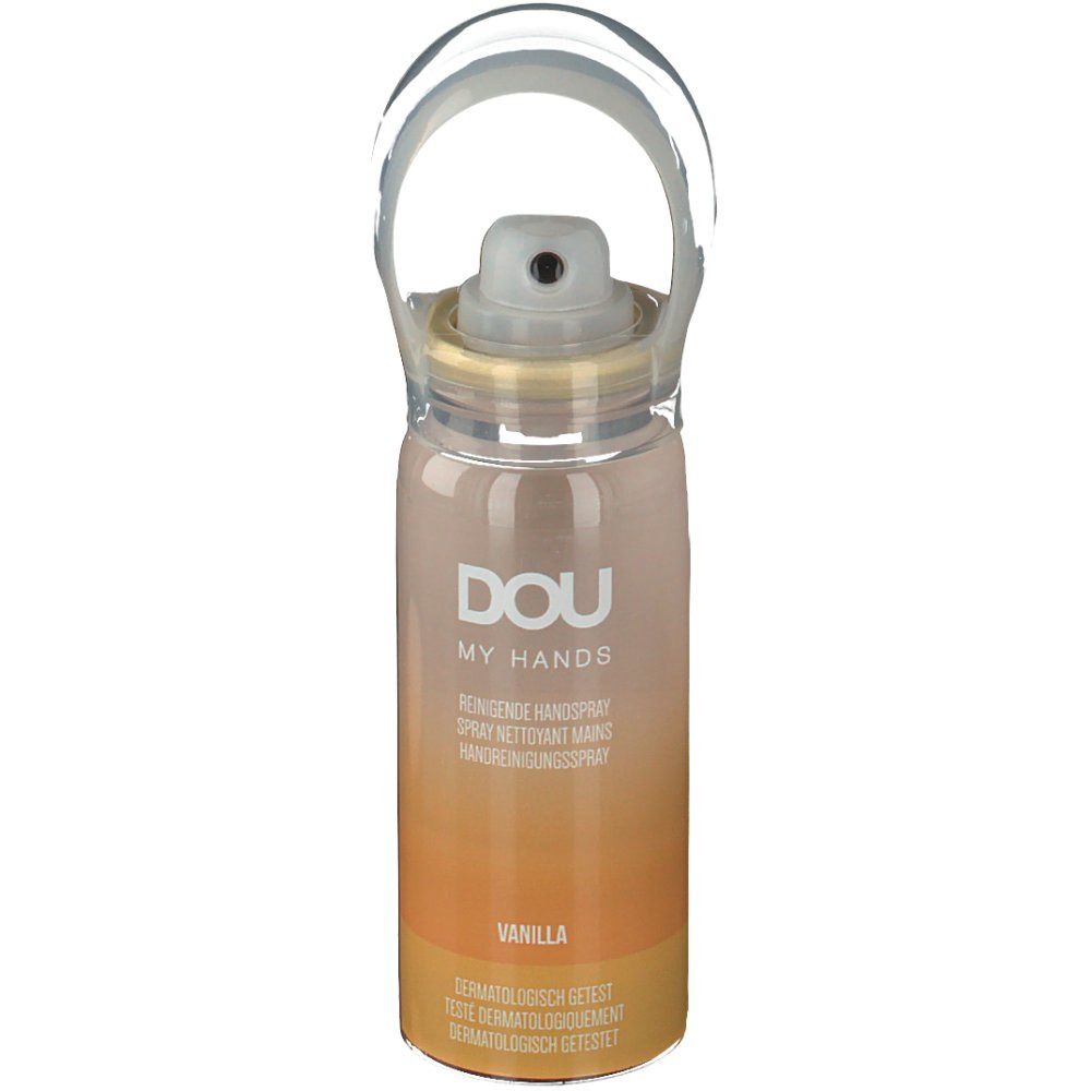 Flacon spray avec poignée transparente. Inscription DOU MY HANDS, spray nettoyant pour les mains, vanille. Testé dermatologiquement.