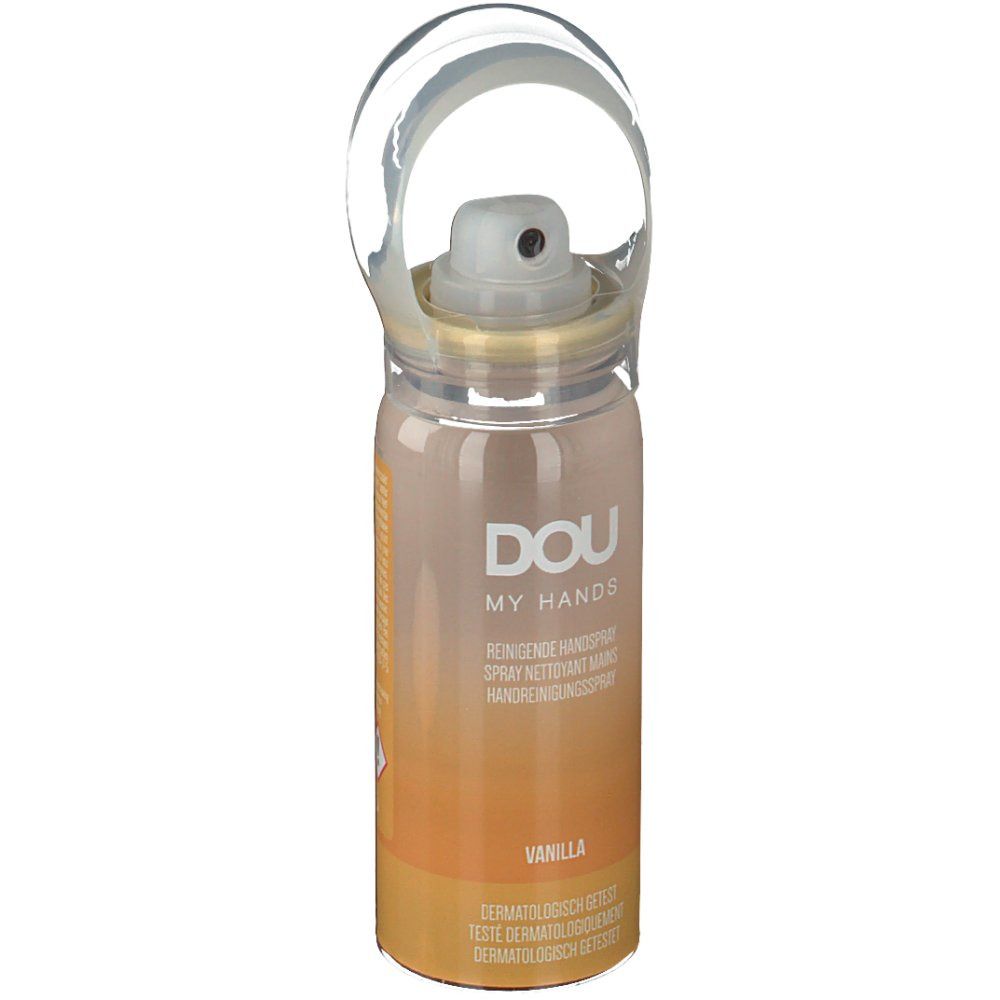 Flacon spray avec poignée transparente. Inscription DOU MY HANDS, spray nettoyant pour les mains, vanille. Testé dermatologiquement.