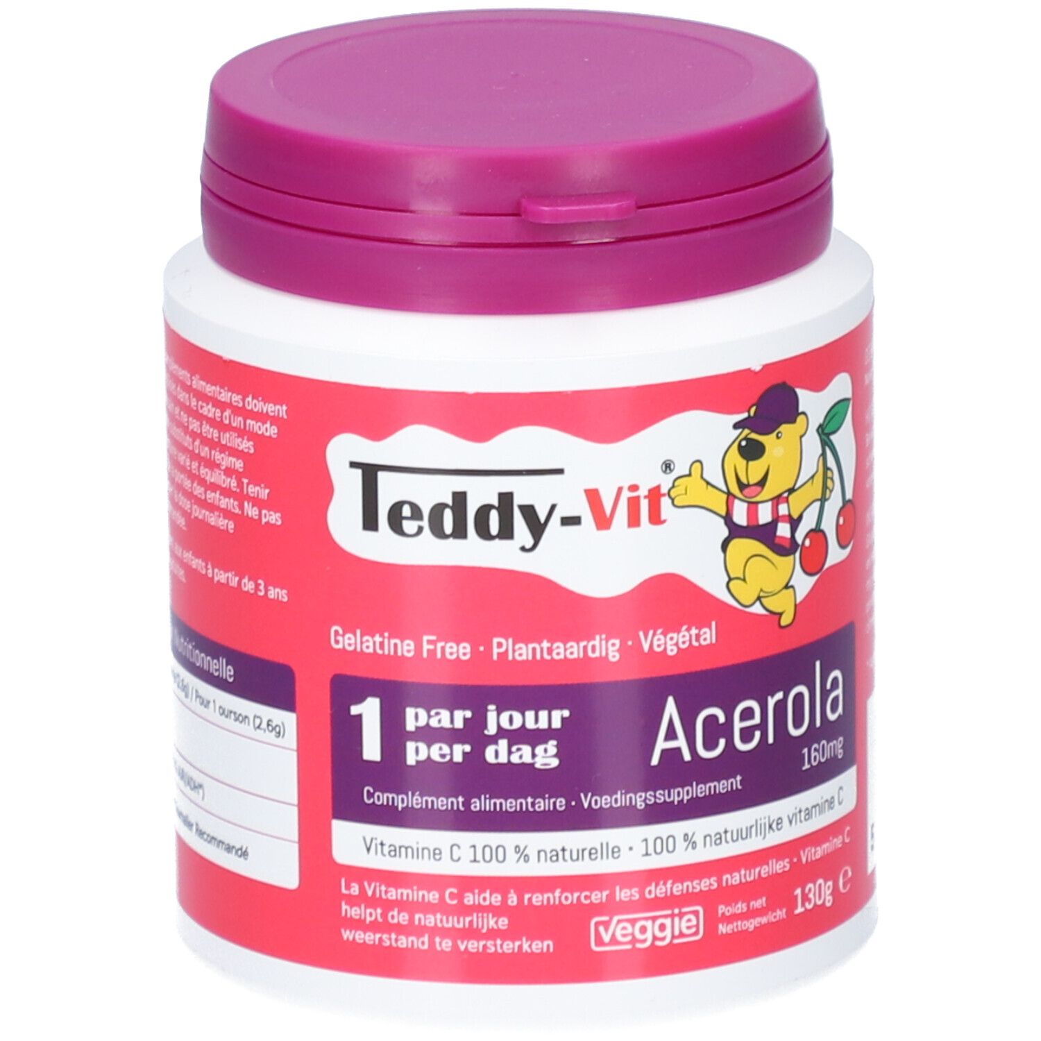 Boîte blanche avec couvercle violet. Inscription : Teddy-Vit Acerola, 160mg vitamine C. Image d'un ours avec des cerises.