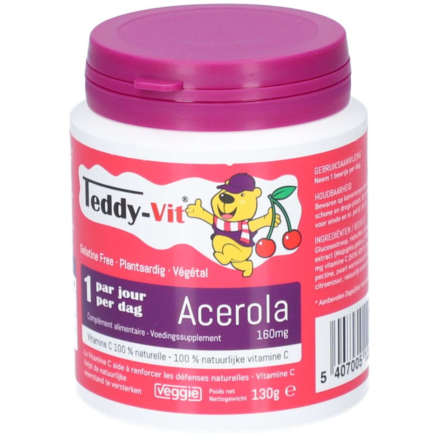 Boîte blanche avec couvercle violet. Inscription : Teddy-Vit Acerola, 160mg vitamine C. Logo Veggie. 130g.