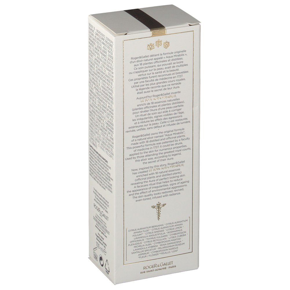 Kartonverpackung mit Text und Logo. Produktbeschreibung und Informationen. Logo Roger & Gallet.