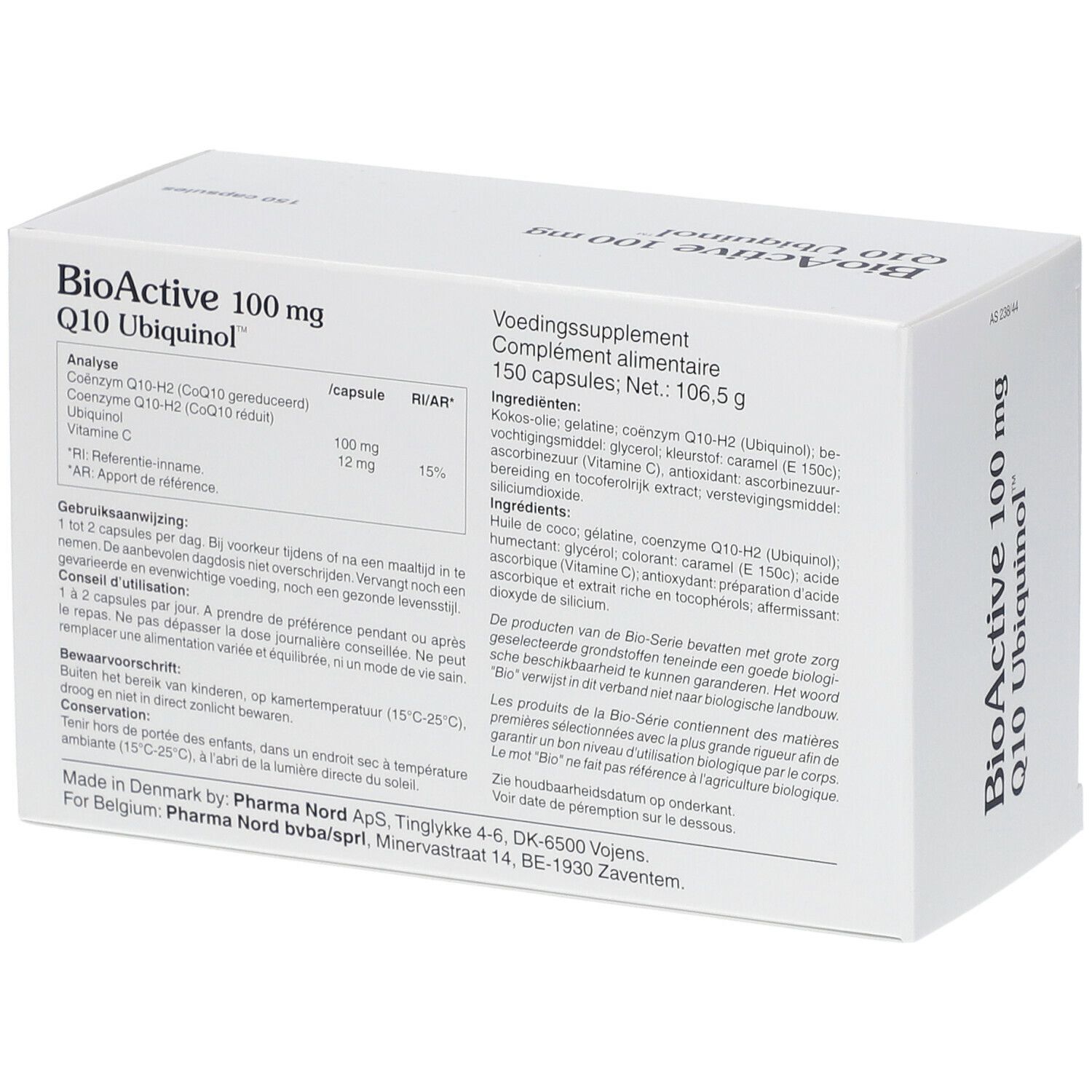 Boîte blanche avec informations sur le produit. Inscription : BioActive 100 mg Q10 Ubiquinol™. Contient 150 gélules.