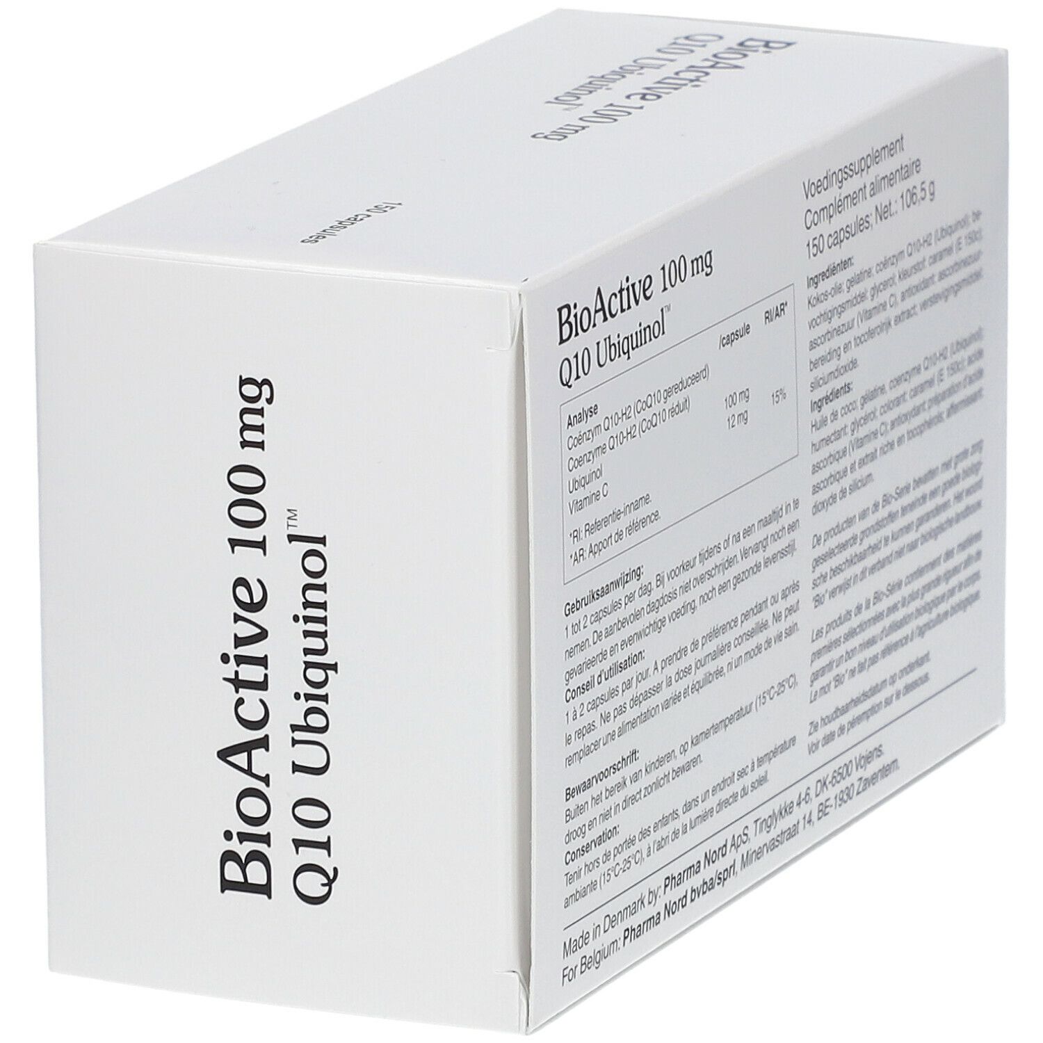 Boîte blanche avec informations sur le produit. Inscription : BioActive 100 mg Q10 Ubiquinol™. Contient 150 gélules.