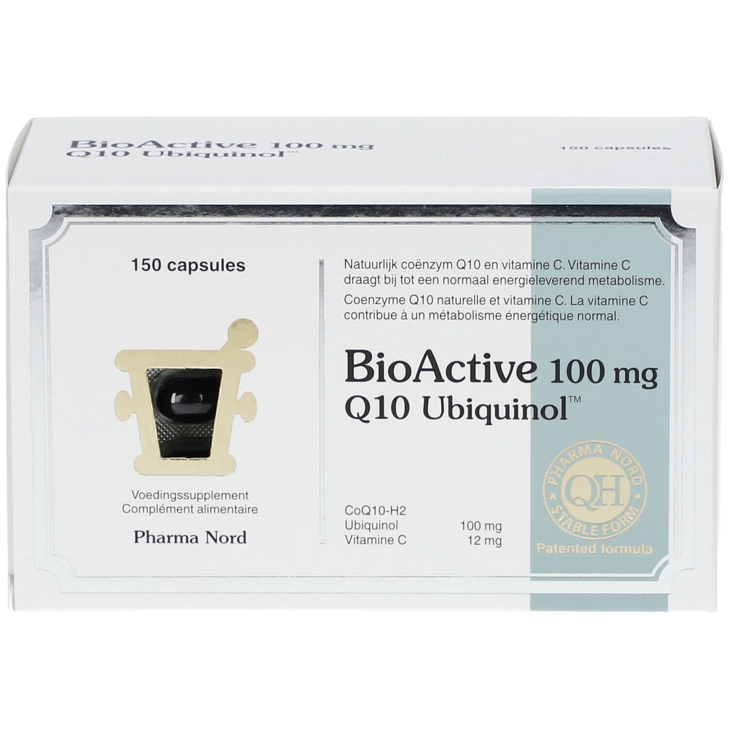 Boîte blanche avec impression du produit. Contient 150 gélules. Inscription : BioActive 100 mg Q10 Ubiquinol™.