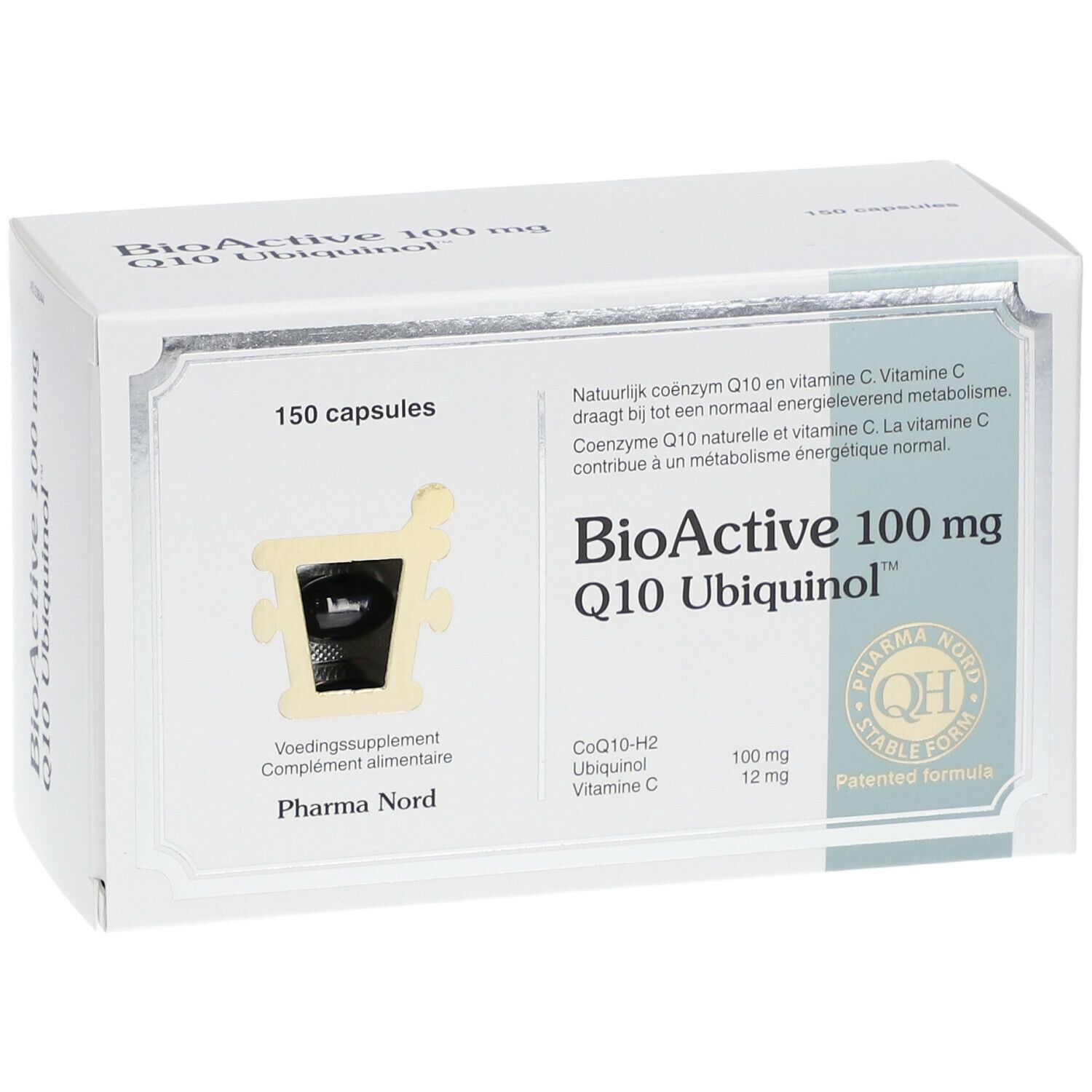 Boîte blanche avec impression du produit. Contient 150 gélules. Inscription : BioActive 100 mg Q10 Ubiquinol™.
