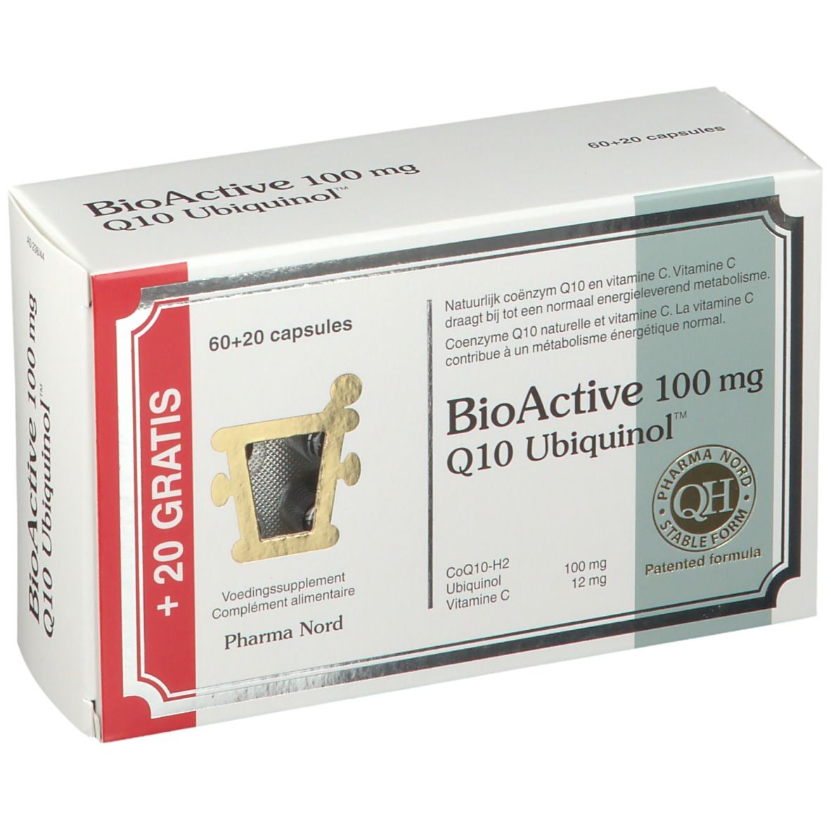 Boîte blanche avec BioActive 100 mg Q10 Ubiquinol. Contient 60+20 capsules. Logo Pharma Nord.