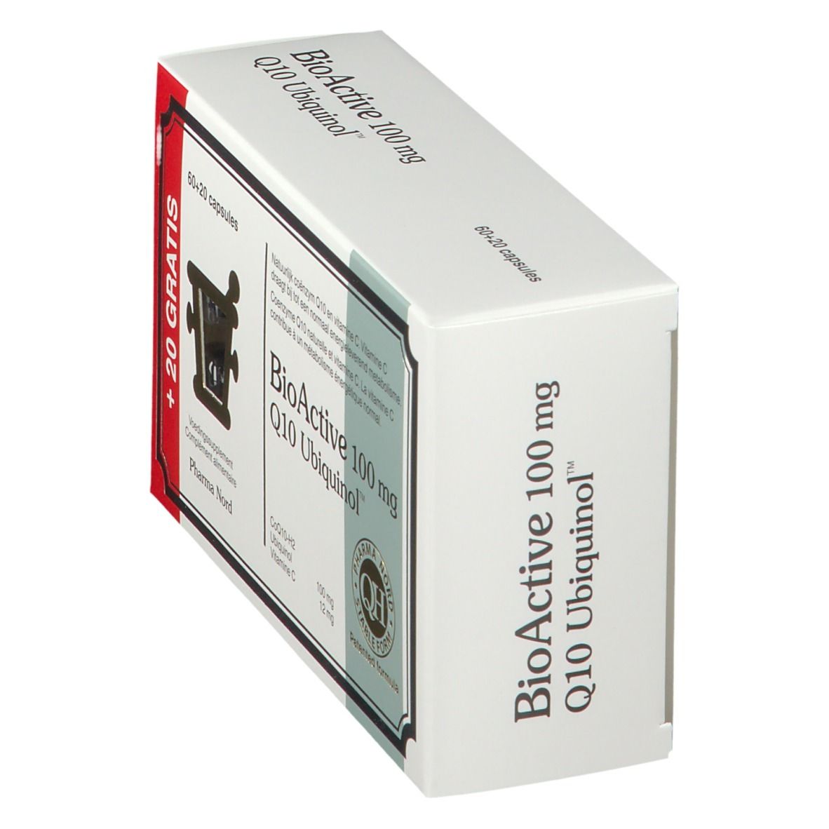 Boîte blanche inclinée avec BioActive 100 mg Q10 Ubiquinol. Contient 60+20 capsules. Logo Pharma Nord.
