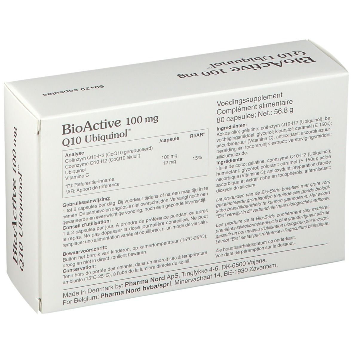 Dos de la boîte blanche avec informations sur BioActive 100 mg Q10 Ubiquinol. Contient 80 capsules.