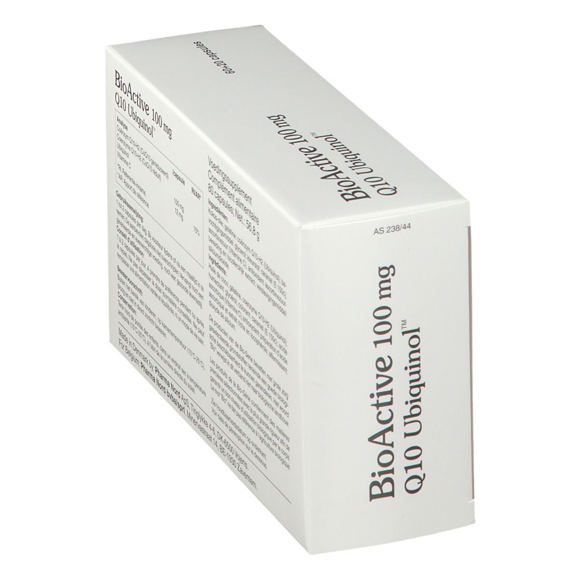 Boîte blanche inclinée avec BioActive 100 mg Q10 Ubiquinol. Texte et logo.