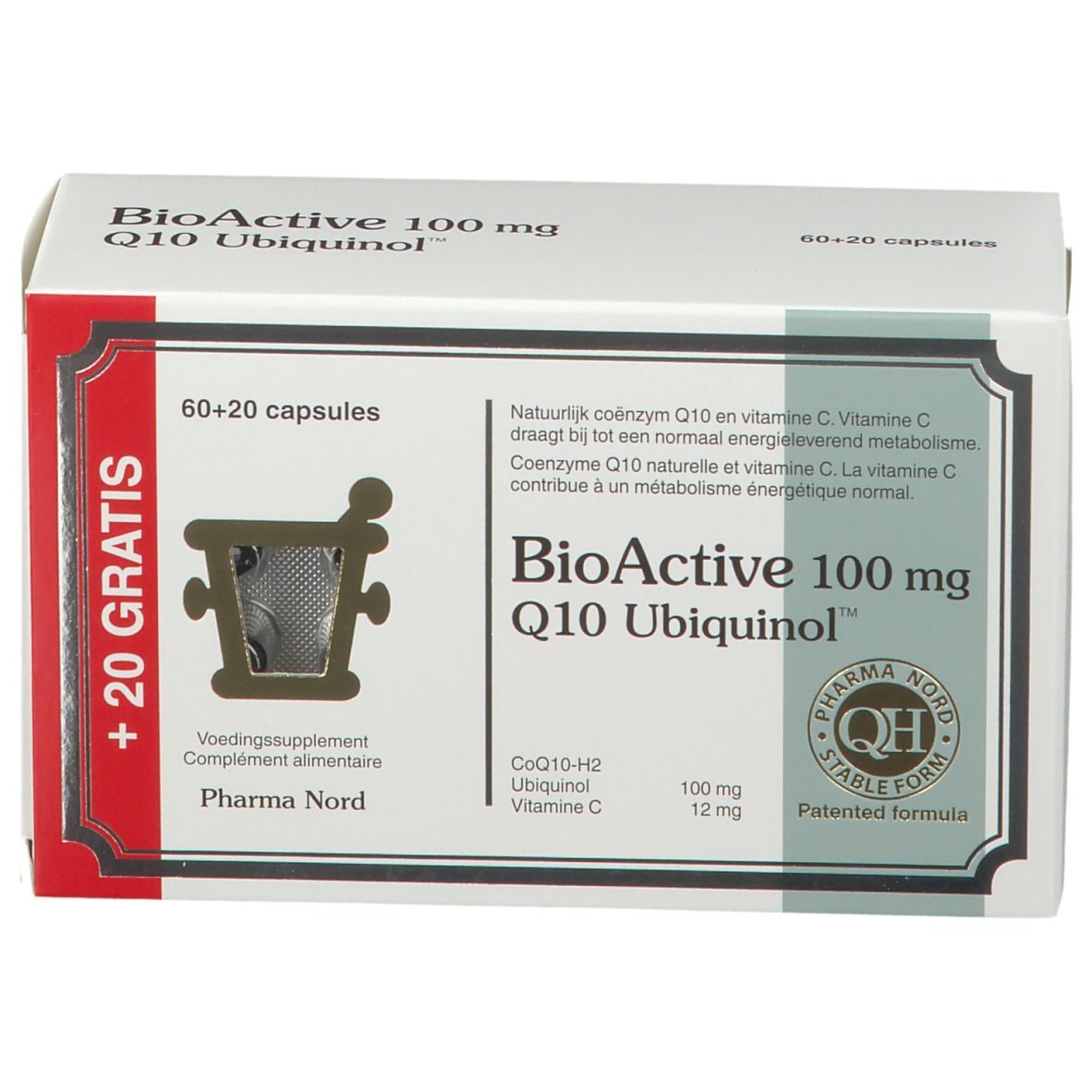Boîte blanche avec BioActive 100 mg Q10 Ubiquinol. Contient 60+20 capsules. Logo Pharma Nord.