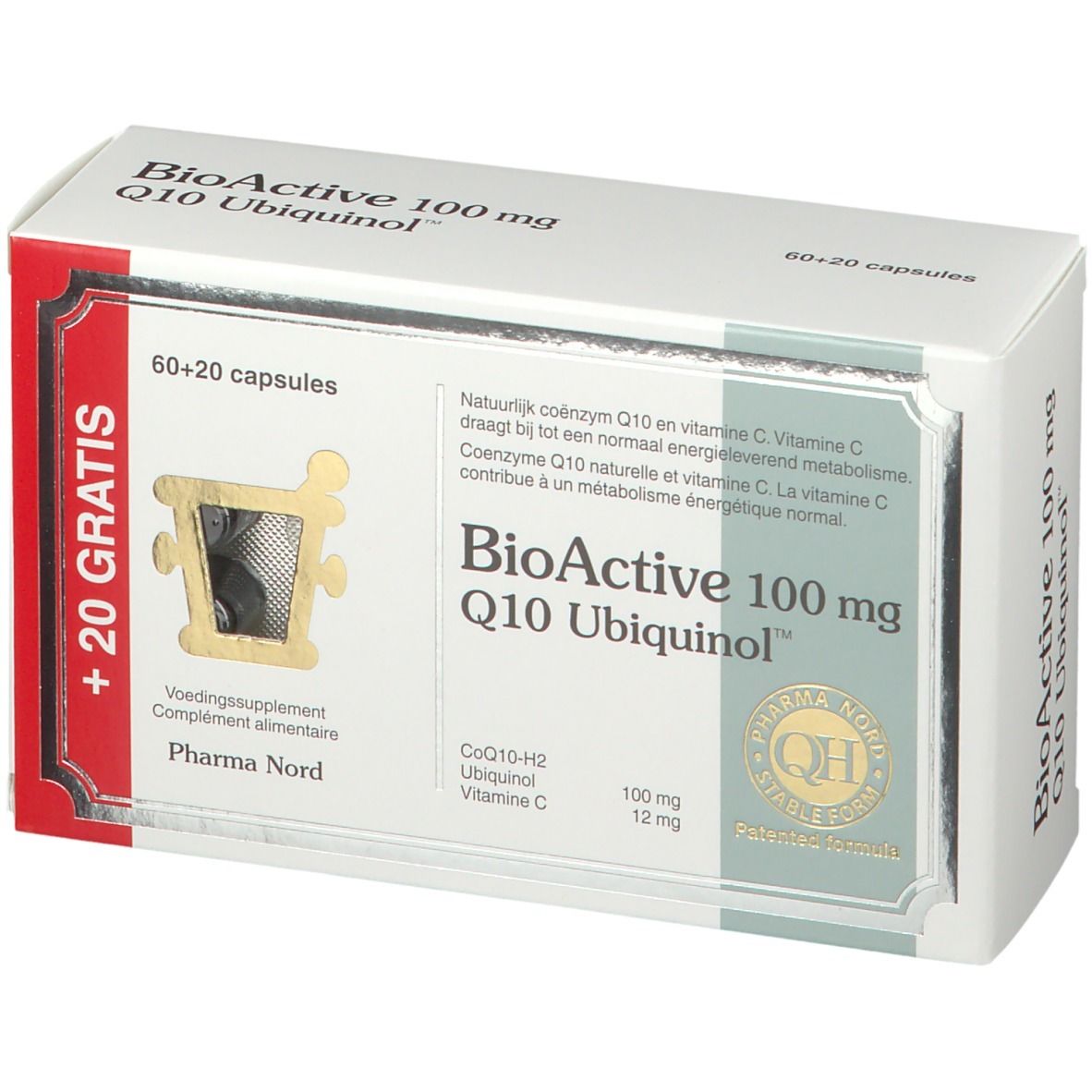 Boîte blanche avec BioActive 100 mg Q10 Ubiquinol. Contient 60+20 capsules. Logo Pharma Nord.