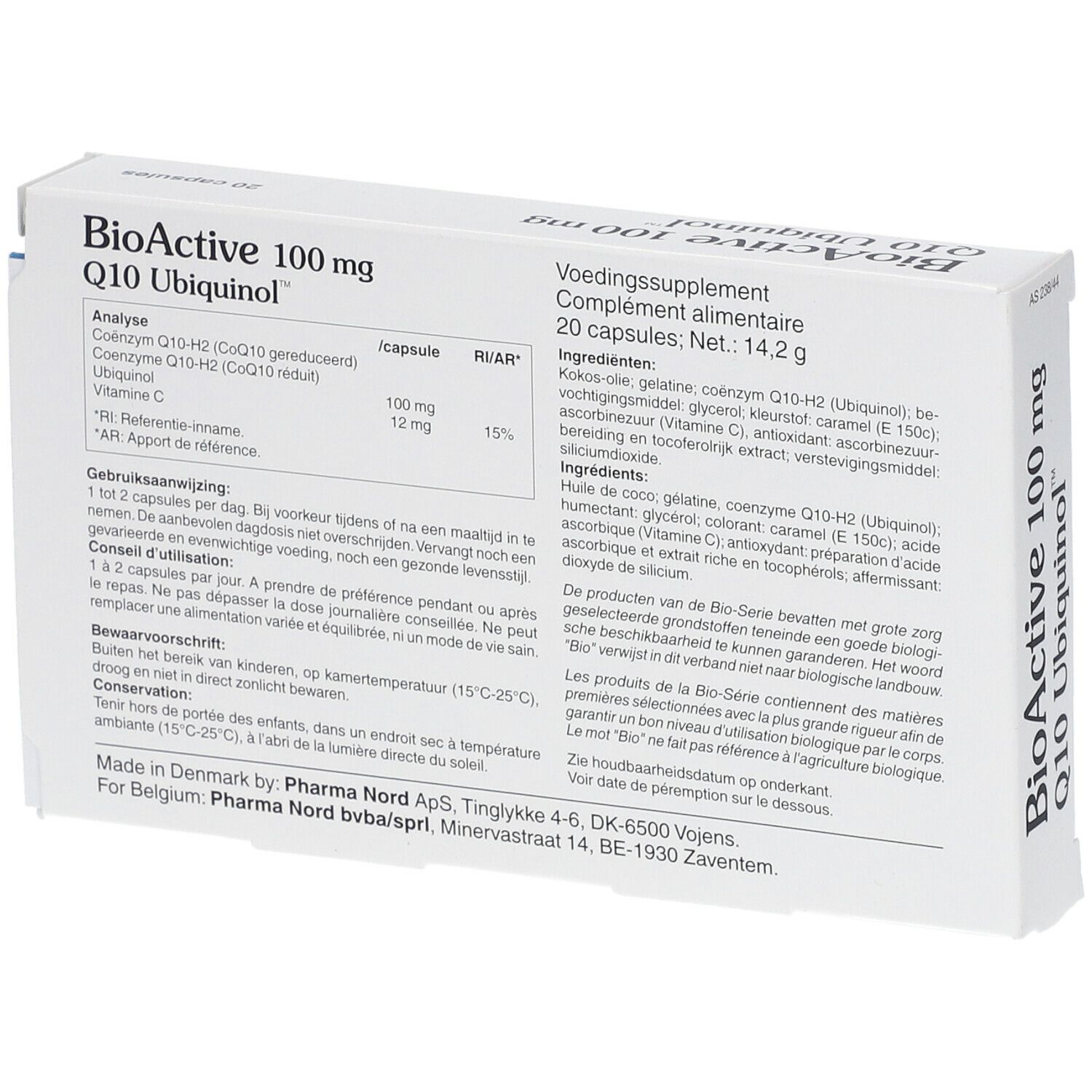 Boîte blanche avec informations sur le produit. Contient 20 gélules. Inscription : BioActive 100 mg Q10 Ubiquinol. Pharma Nord.