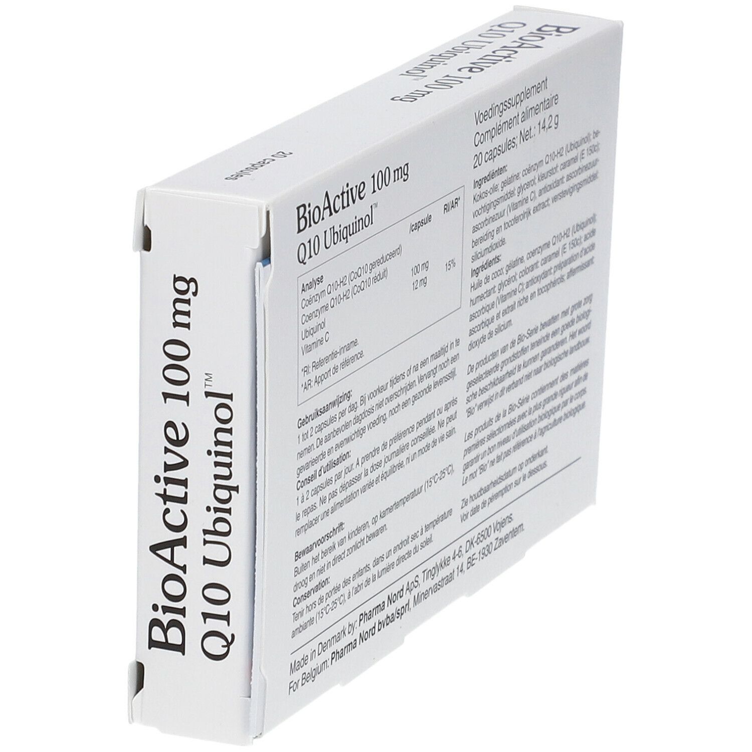 Boîte blanche en biais. Inscription : BioActive 100 mg Q10 Ubiquinol. Contient 20 gélules. Pharma Nord.
