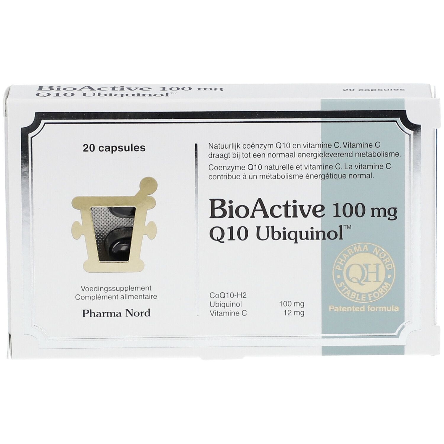 Boîte blanche avec impression du produit. Contient 20 gélules. Inscription : BioActive 100 mg Q10 Ubiquinol. Pharma Nord.