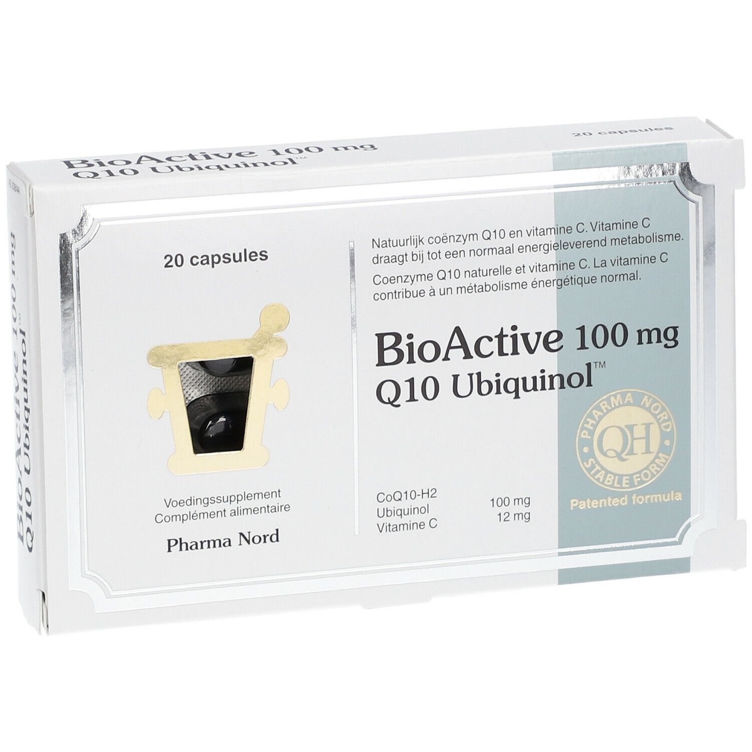 Boîte blanche avec impression du produit. Contient 20 gélules. Inscription : BioActive 100 mg Q10 Ubiquinol. Pharma Nord.