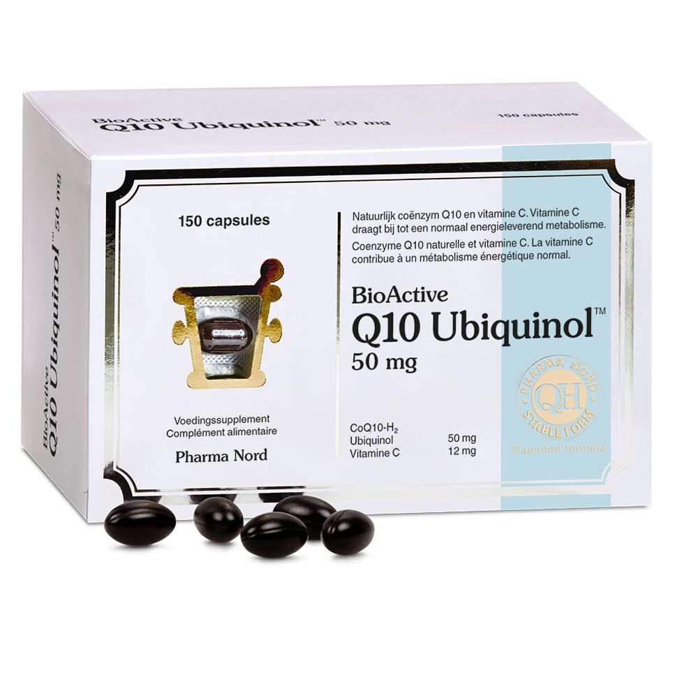 Doos "BioActive 50 mg Q10 Ubiquinol". Zwarte capsules ernaast.