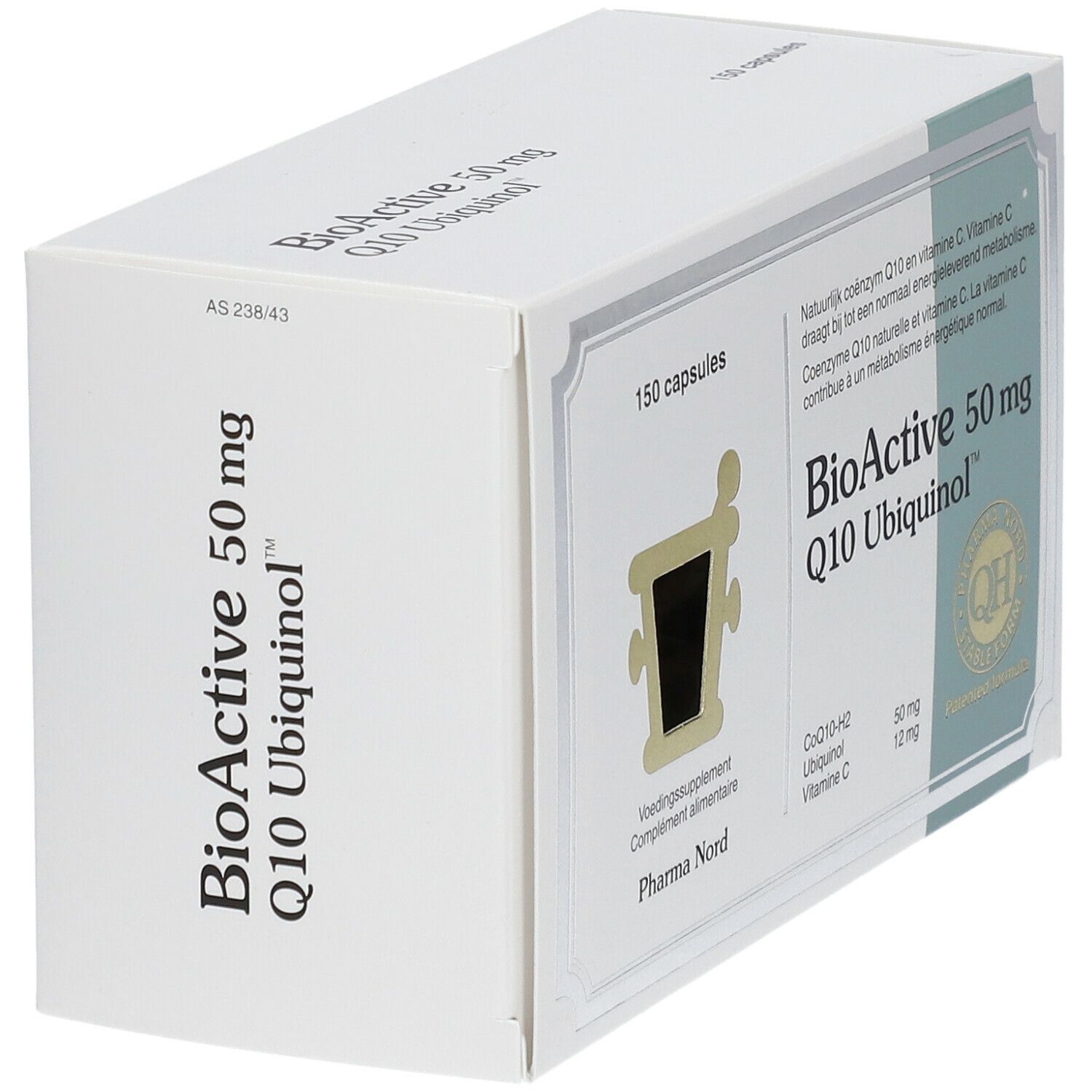 Witte doos "BioActive 50 mg Q10 Ubiquinol". Zijaanzicht. Pharma Nord logo.