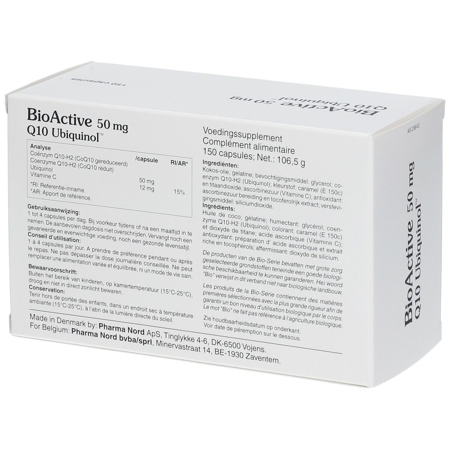 Witte doos met tekst en ingrediënten. "BioActive 50 mg Q10 Ubiquinol".
