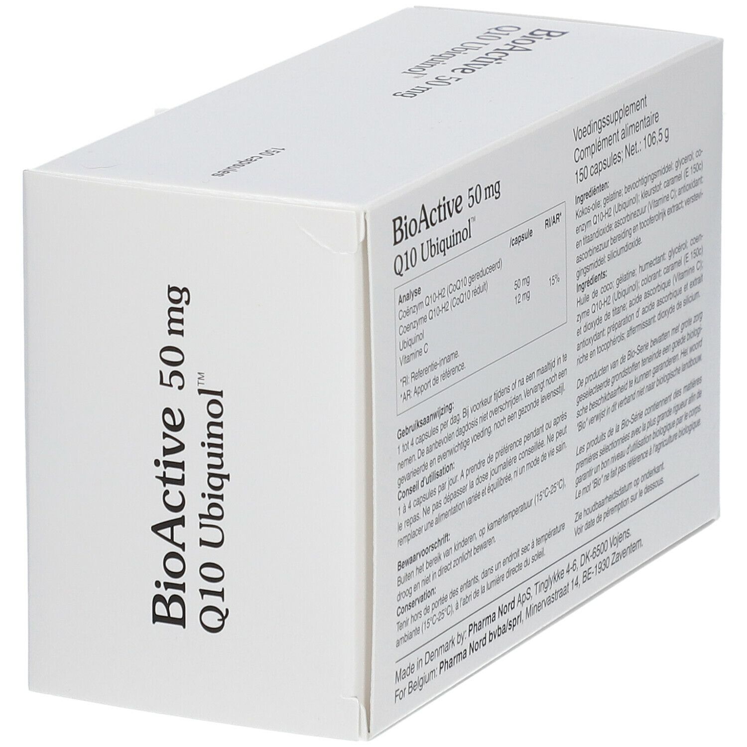 Witte doos "BioActive 50 mg Q10 Ubiquinol". Zijaanzicht. Tekst en ingrediënten.