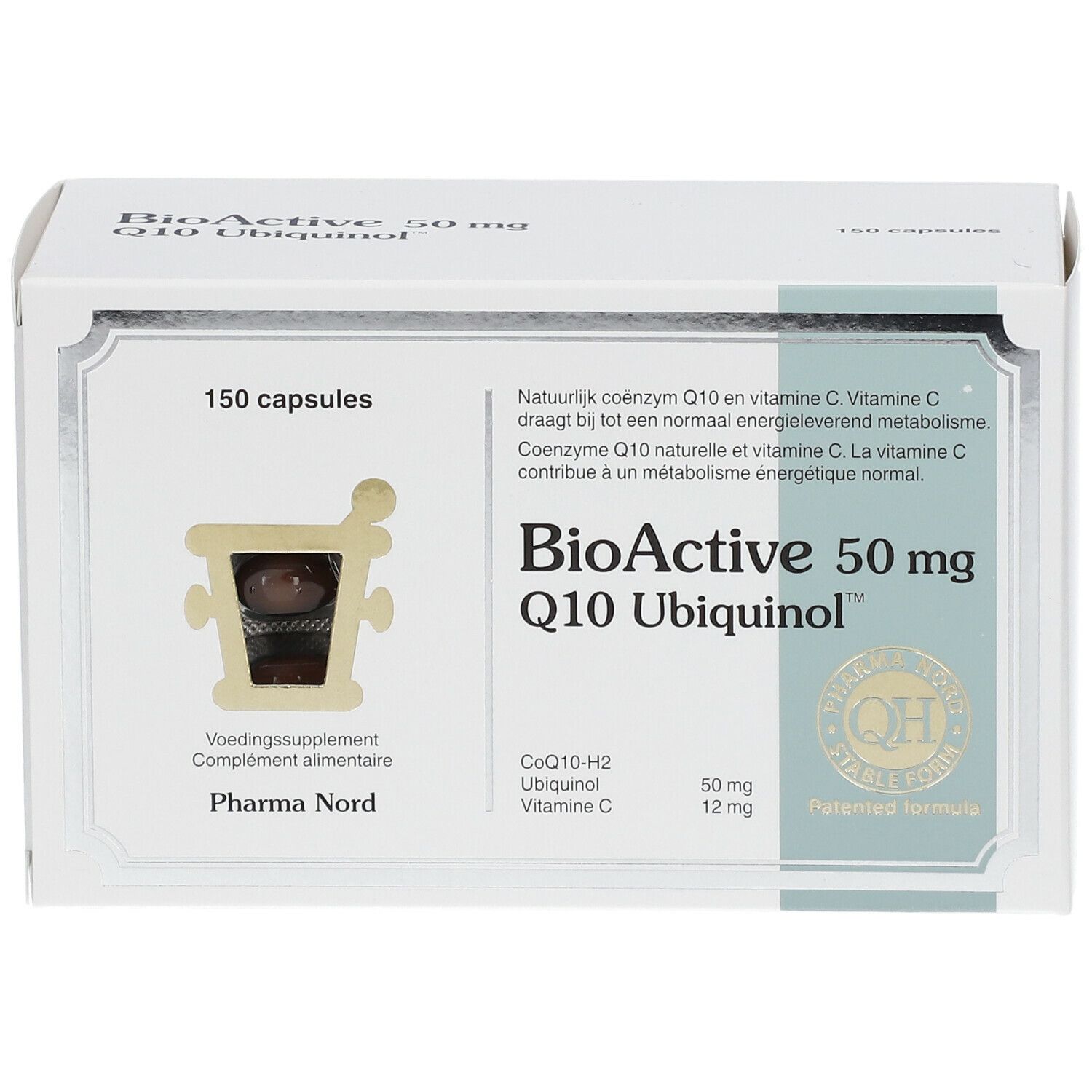 Witte doos "BioActive 50 mg Q10 Ubiquinol". Bevat 150 capsules. Pharma Nord logo.