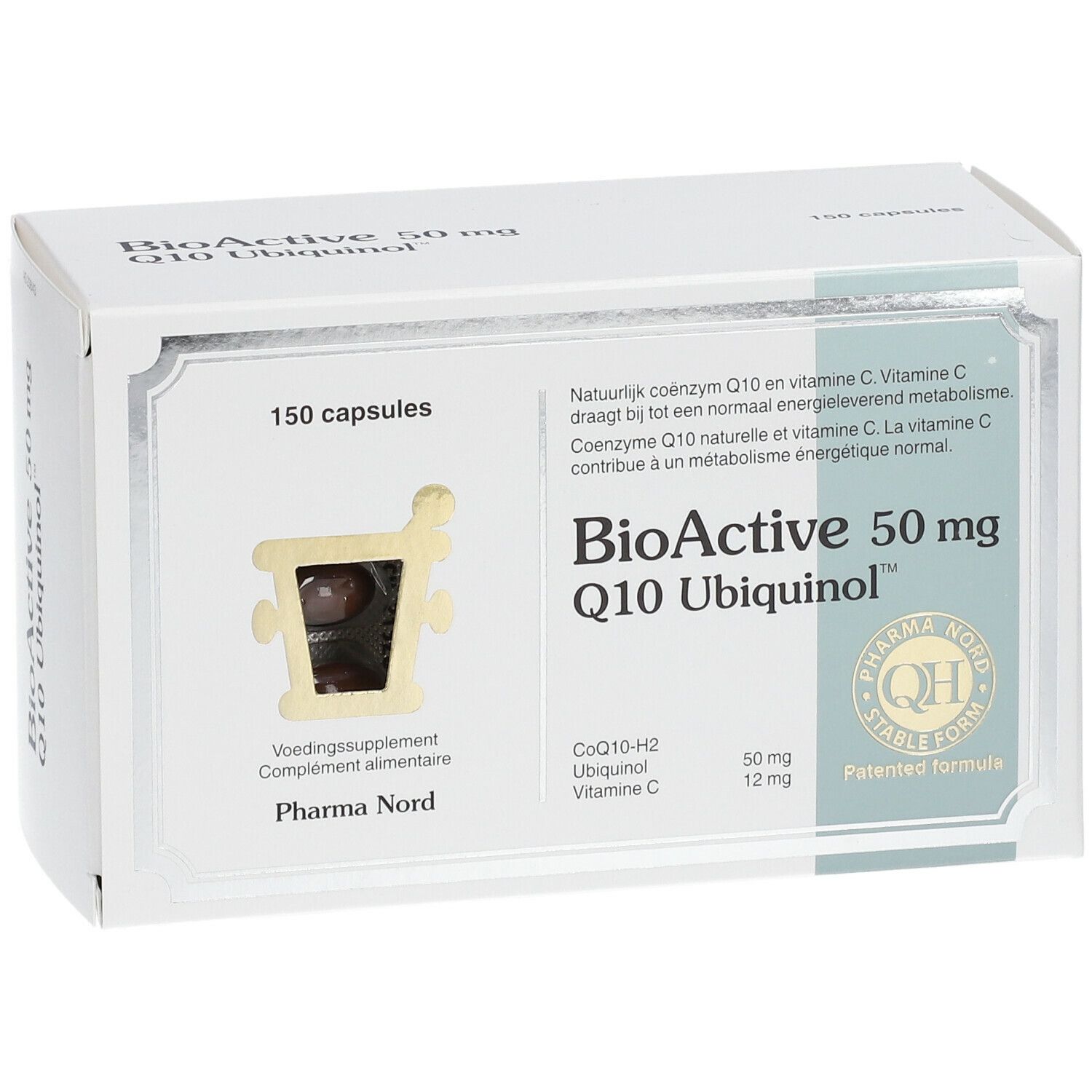 Witte doos "BioActive 50 mg Q10 Ubiquinol". Bevat 150 capsules. Pharma Nord logo.