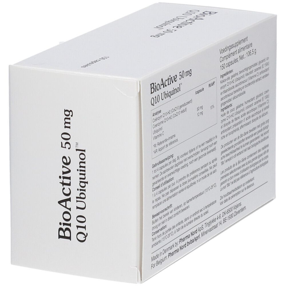 Doos "BioActive 50 mg Q10 Ubiquinol". Zijaanzicht. Tekst en ingrediënten.