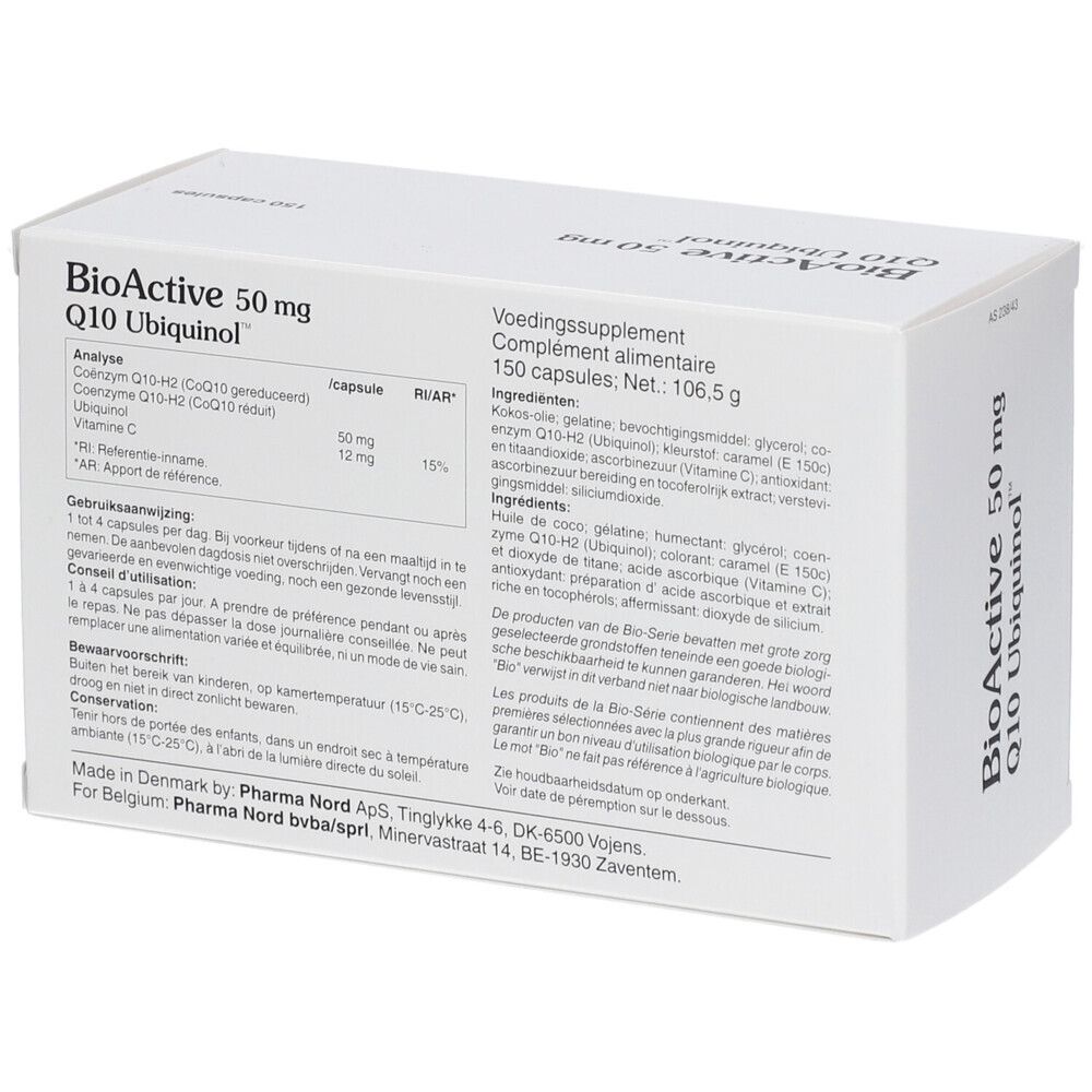 Doos met tekst en ingrediënten. "BioActive 50 mg Q10 Ubiquinol".