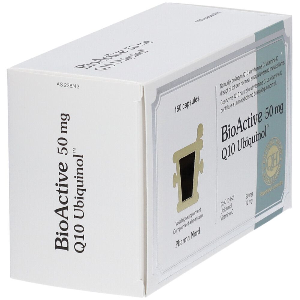 Doos "BioActive 50 mg Q10 Ubiquinol". Zijaanzicht. Tekst en ingrediënten.