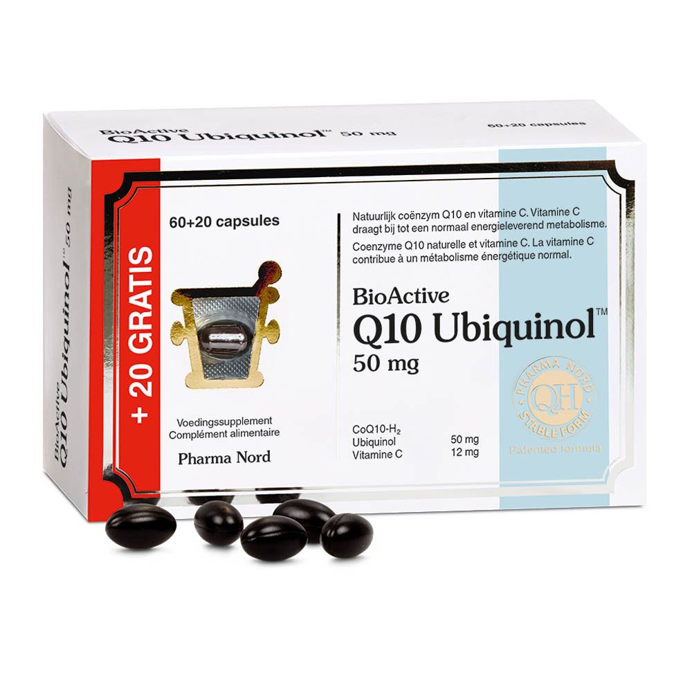 Boîte de BioActive 50 mg Q10 Ubiquinol. 60+20 gélules. Gélules noires à côté.