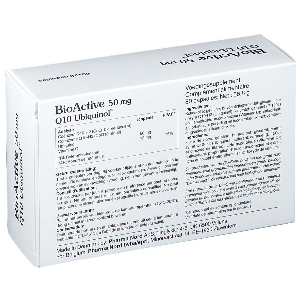 Achterkant van de doos BioActive 50 mg Q10 Ubiquinol. Bevat 80 capsules. Ingrediënten en fabrikantinfo.