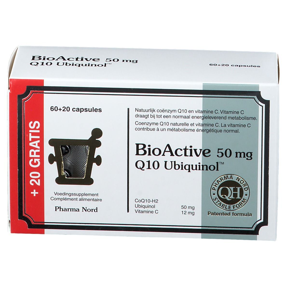 Doosje BioActive 50 mg Q10 Ubiquinol. Bevat 60+20 capsules. Pharma Nord logo en QH keurmerk.