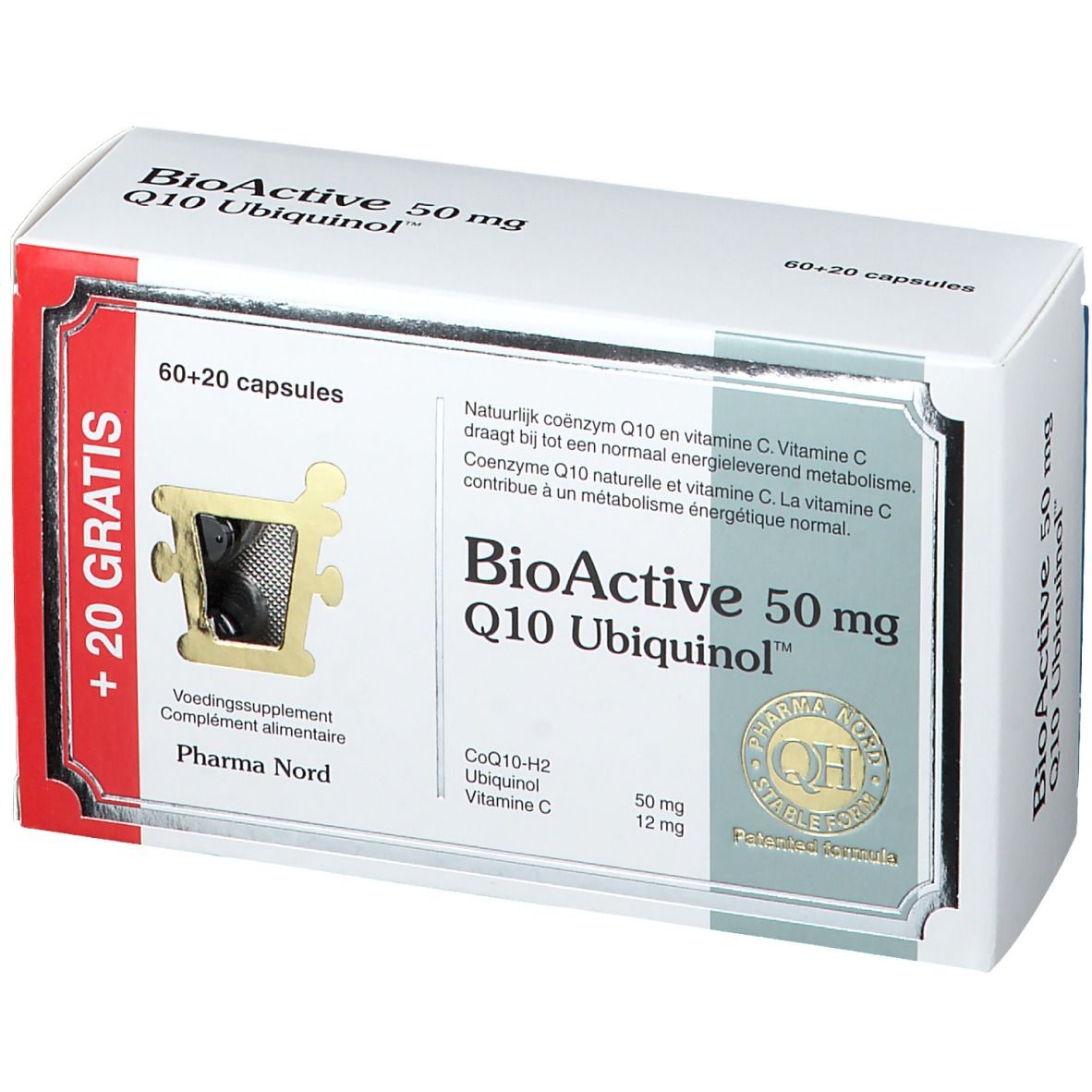 Doosje BioActive 50 mg Q10 Ubiquinol. Bevat 60+20 capsules. Pharma Nord logo en QH keurmerk.