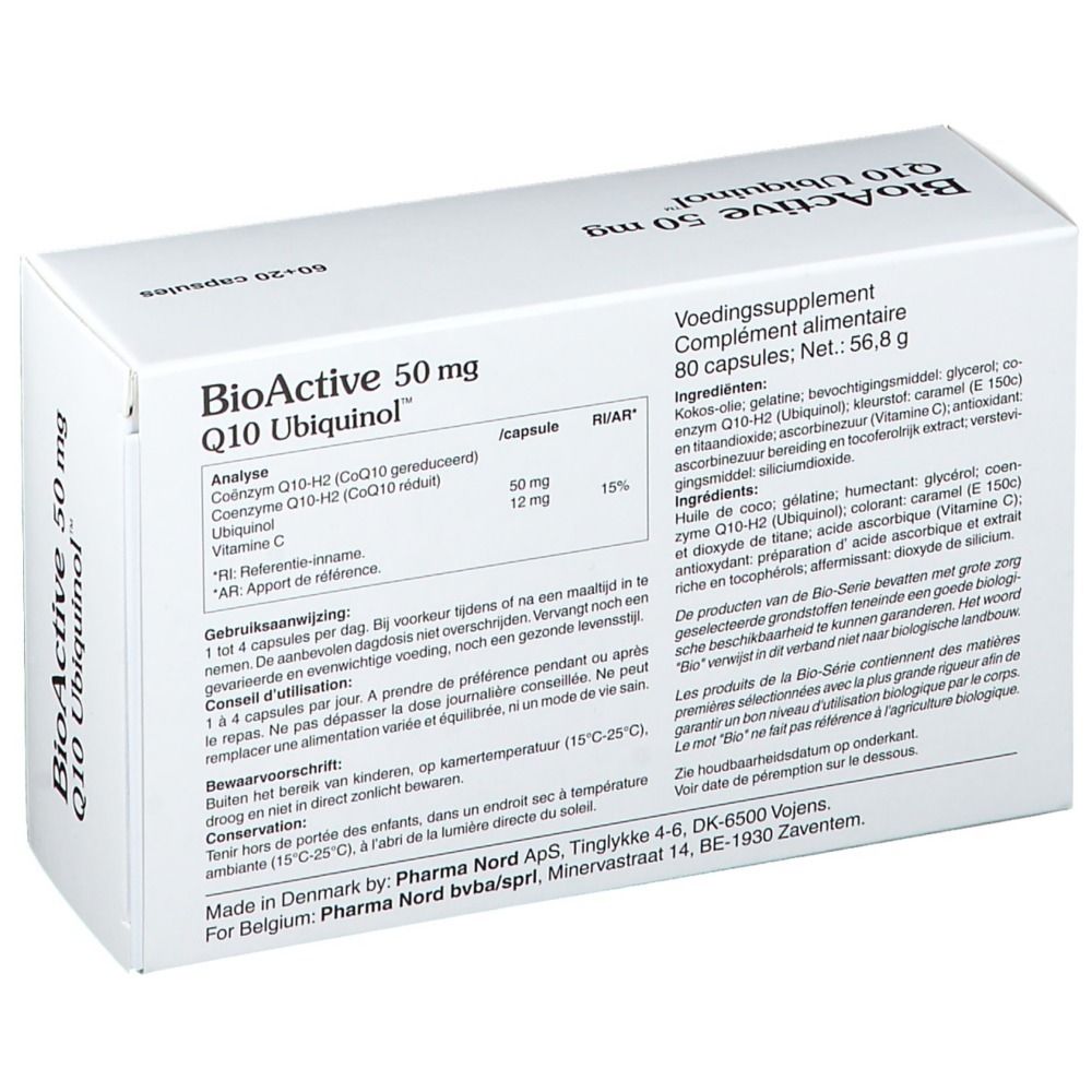Dos de la boîte de BioActive 50 mg Q10 Ubiquinol. Contient 80 gélules. Ingrédients et informations fabricant.