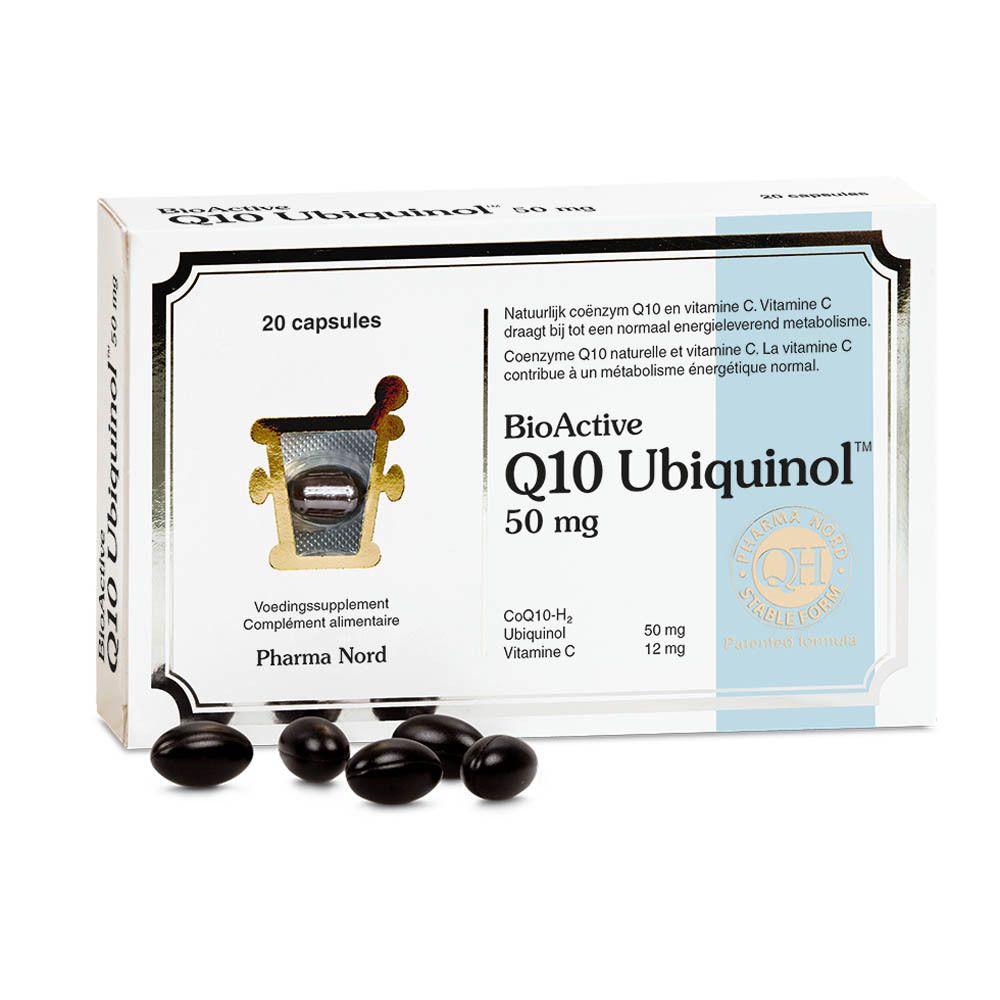Boîte BioActive 50 mg Q10 Ubiquinol™ et capsules. 20 capsules. Logo Pharma Nord et label QH.