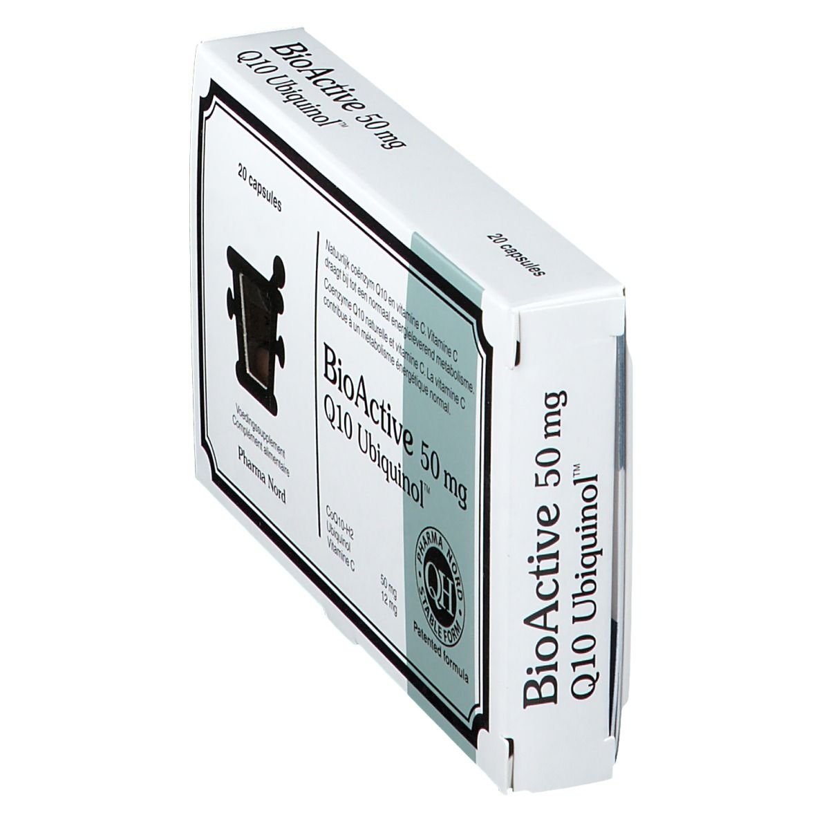 Schachtel BioActive 50 mg Q10 Ubiquinol™. Enthält 20 Kapseln. Pharma Nord Logo und QH-Qualitätssiegel.